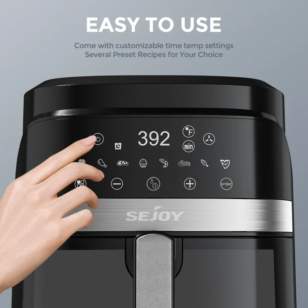 Sejoy Air Fryer with 8 one-touch cooking presets for chicken, steak, fish, pizza and more
